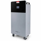 Pylontech Fidus PRO battery system, tall rectangular gray cabinet on casters with black display screen showing 27 degrees, ca