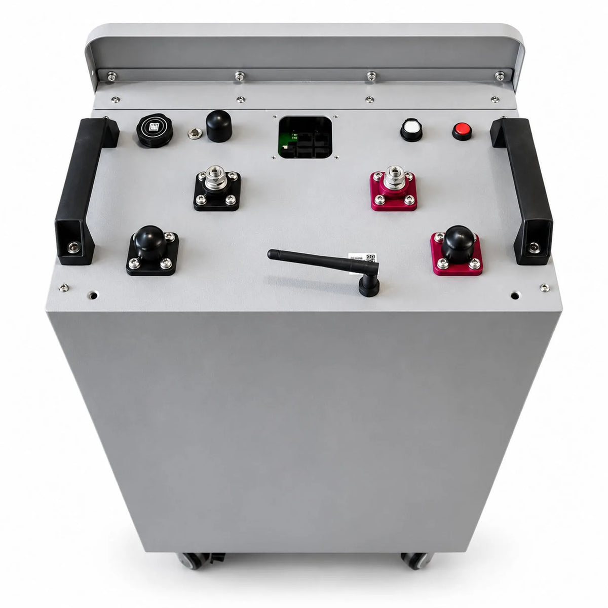Top view of Pylontech Fidus PRO battery unit showing terminal connections, control panel with display, and mounted hardware o