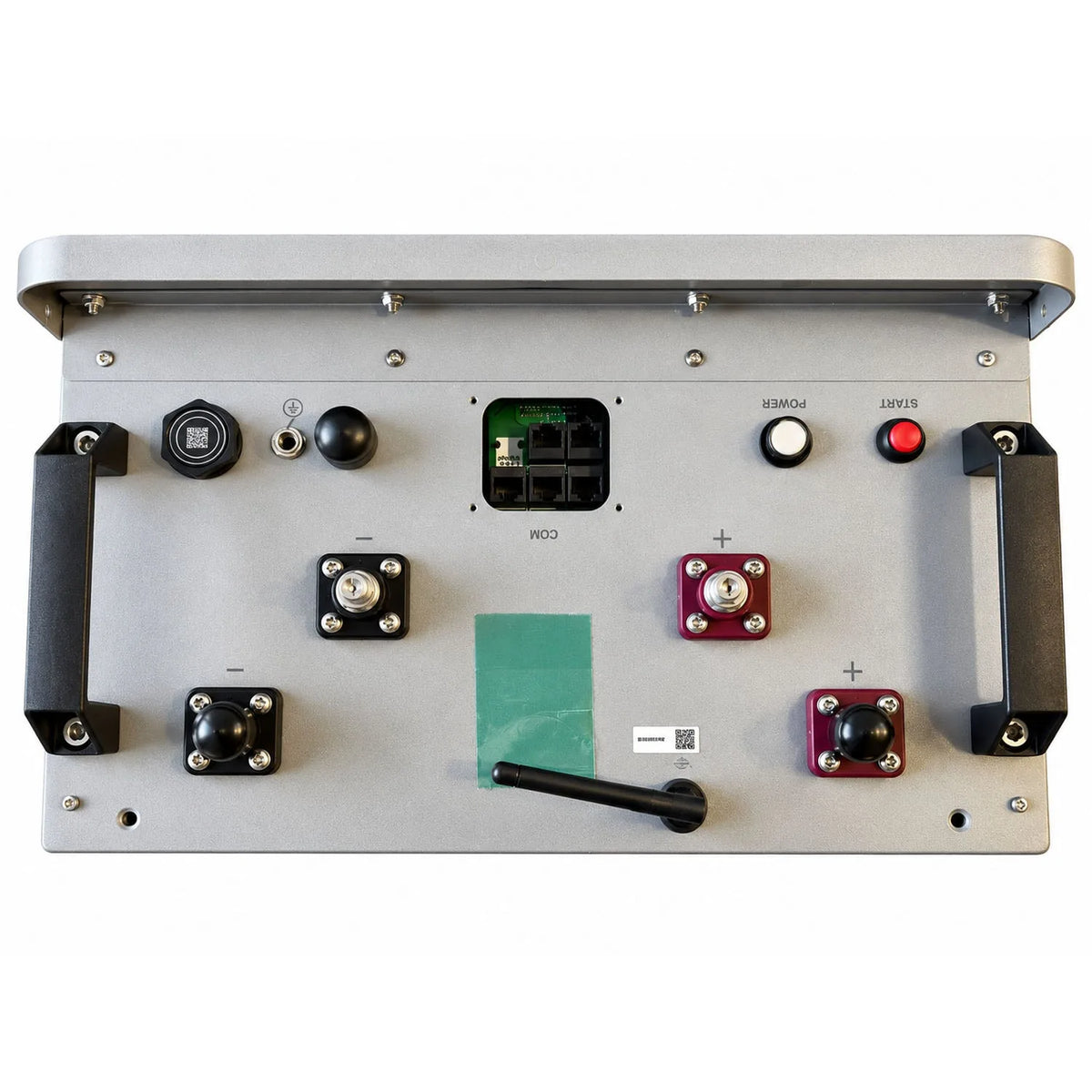 Top view of Pylontech Fidus PRO battery control panel showing power terminals, communication ports, status indicators, and in