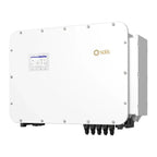 Solis white hybrid solar inverter with display panel, mounting brackets, and five cable connectors at base, product shot on w