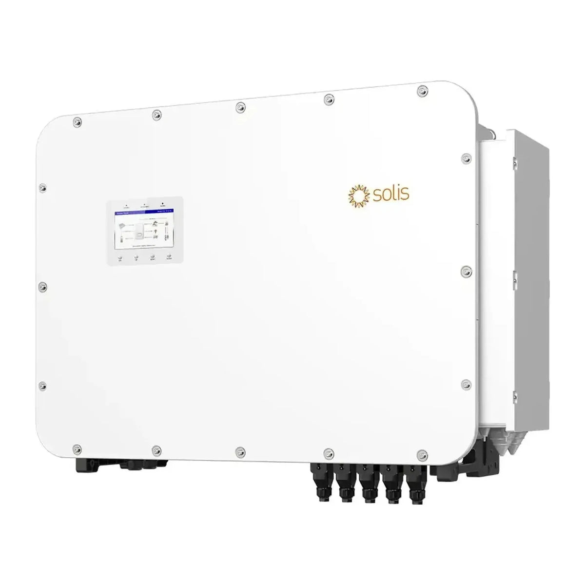 Solis white hybrid solar inverter with display panel, mounting brackets, and five cable connectors at base, product shot on w