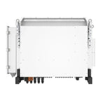 Rear view of a large white hybrid solar inverter with cooling vents at top, mounting brackets on sides, and terminal connecti