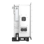 Side view of white and black high-voltage hybrid solar inverter with dual cooling fan vents and internal component housing.