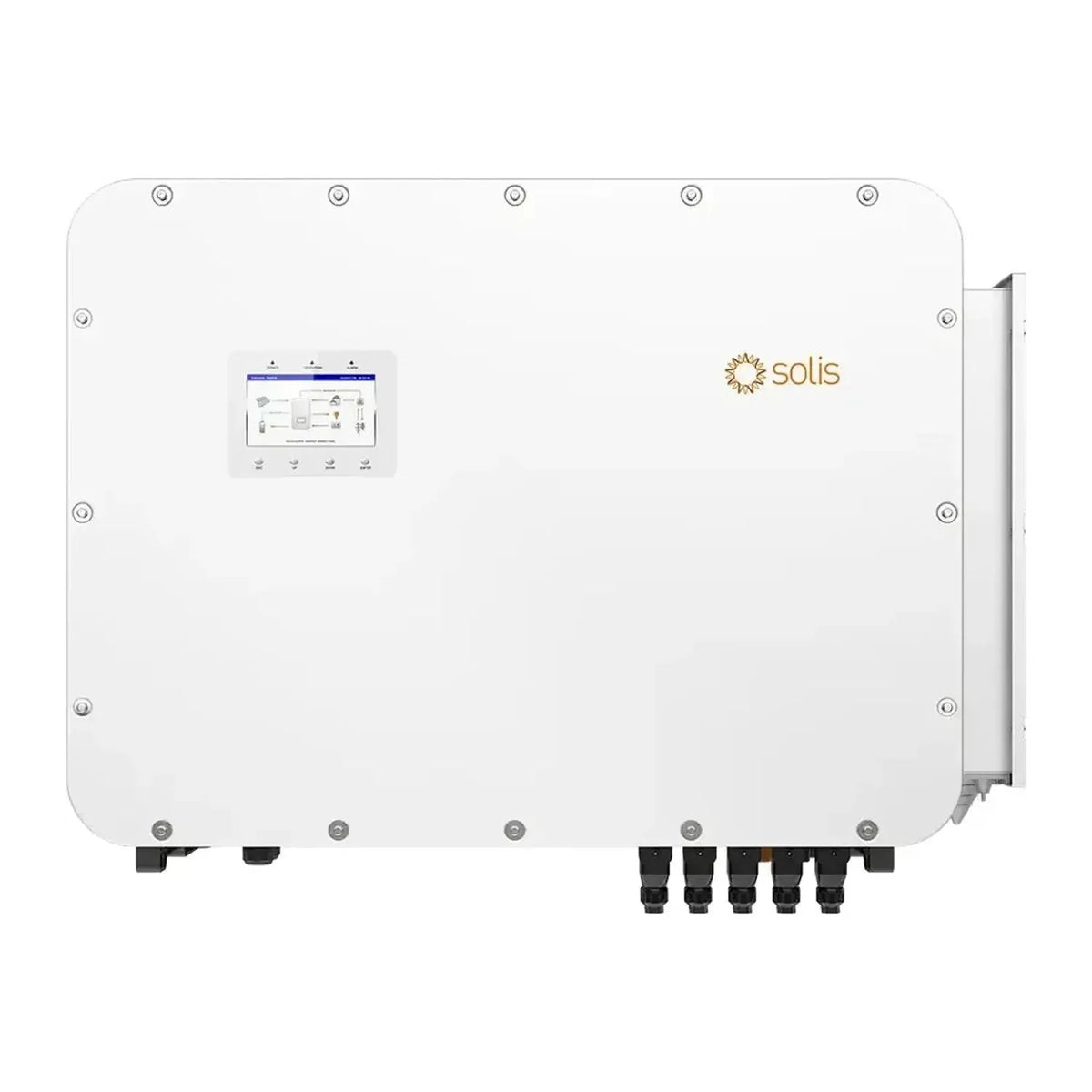 Solis hybrid solar inverter with white casing, control display panel, and five black connectors at base, front view.