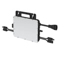 Hoymiles HMS-800-2WB microinverter with white faceplate, black housing, dual input connectors, and grid output cable against 