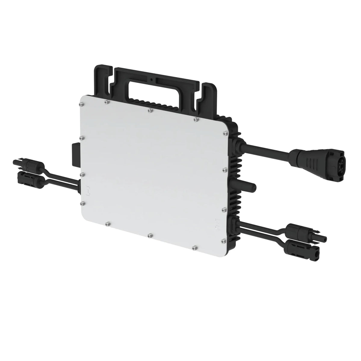Hoymiles HMS-800-2WB microinverter with white faceplate, black housing, dual input connectors, and grid output cable against 
