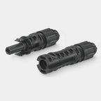 Two black MC4-Evo 2 solar connectors shown side-by-side against white background, displaying male and female connector ends w