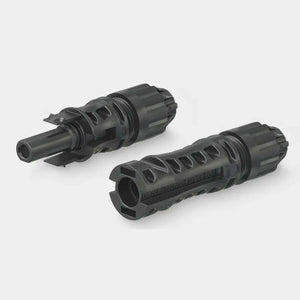 Two black MC4-Evo 2 solar connectors shown side-by-side against white background, displaying male and female connector ends w