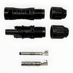 MC4-Evo 2 solar connector components displayed: two black male plugs with threaded bodies, two black female sockets, and two 