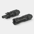 Two black solar connectors with ribbed grips and threaded coupling heads, displayed side-by-side on white background.
