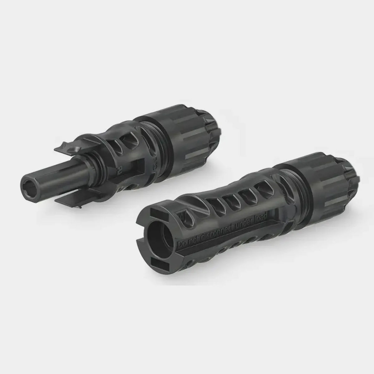Two black solar connectors with ribbed grips and threaded coupling heads, displayed side-by-side on white background.