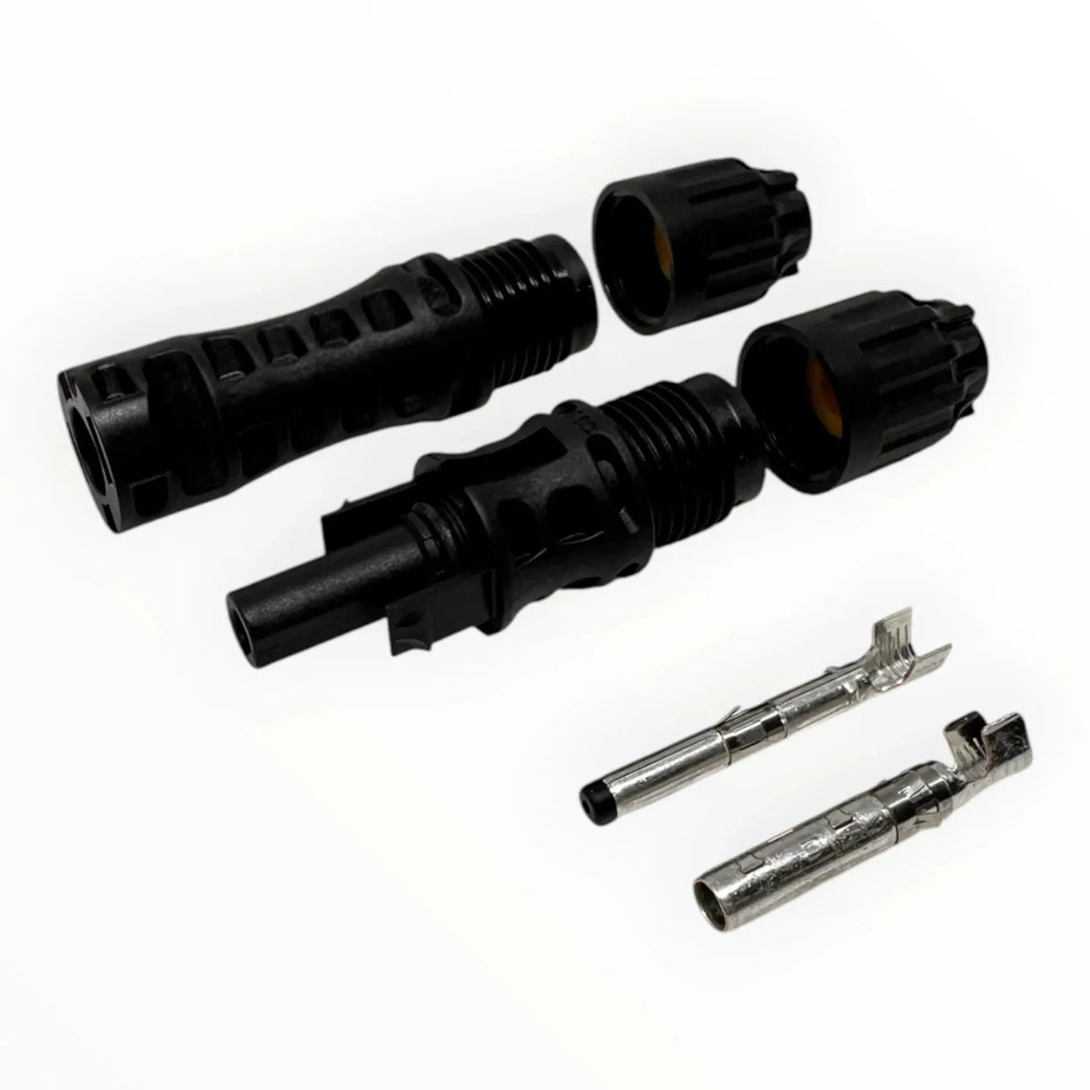MC4-Evo 2 solar connector pair with two black housing connectors and two silver contact pins displayed on white background.