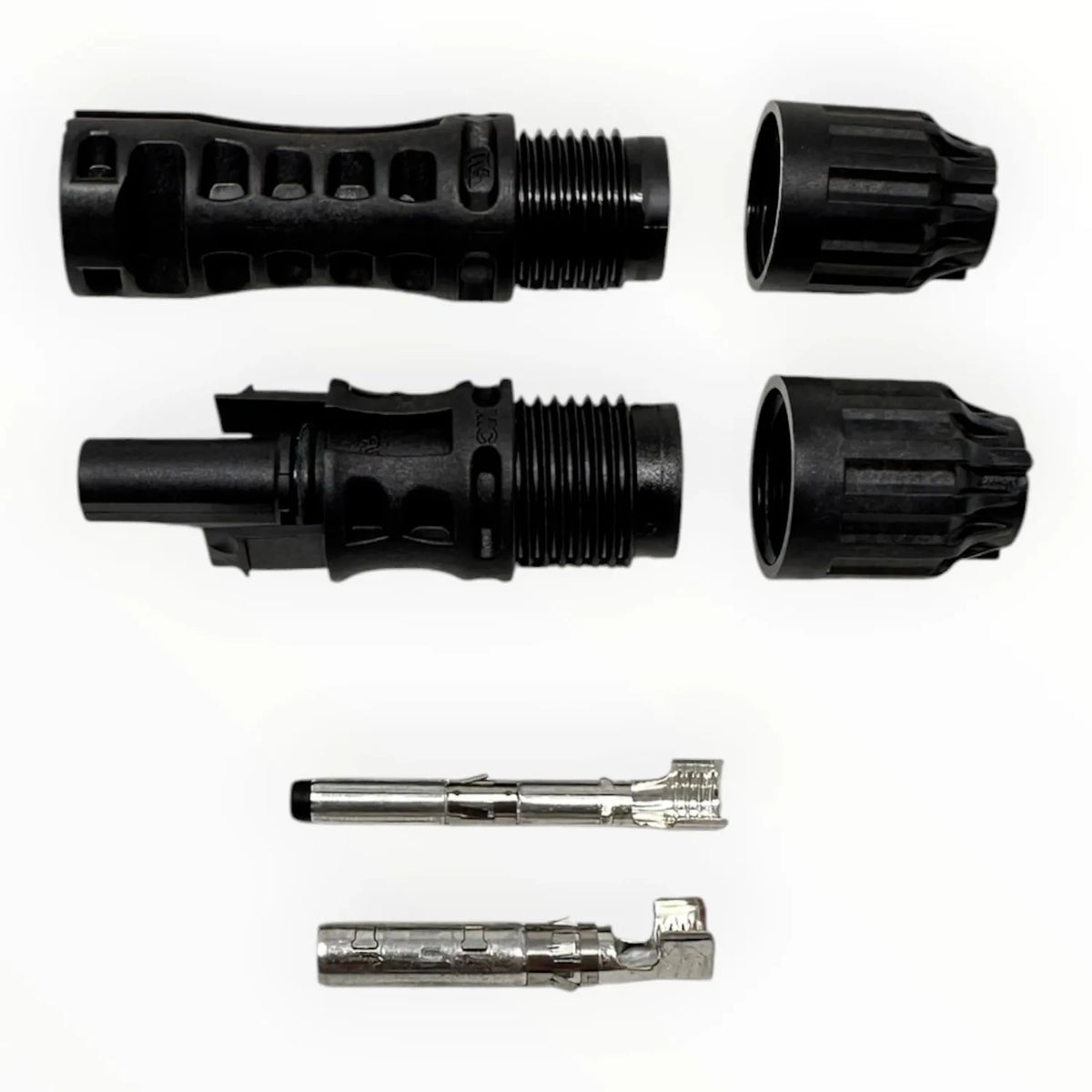 MC4-Evo 2 solar connector components displayed: two black housings, two black end caps, and two metal pin contacts.