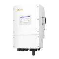 Solis white hybrid solar inverter with touchscreen display mounted on wall, showing system diagram on screen and multiple con
