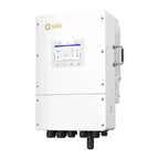 Solis white hybrid solar inverter with touchscreen display mounted on wall, showing system diagram on screen and multiple con