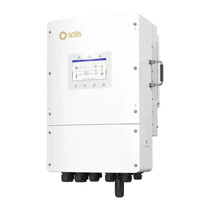Solis white hybrid solar inverter with touchscreen display mounted on wall, showing system diagram on screen and multiple con