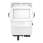 Top-down view of white hybrid solar inverter with metal handles, central display screen, ventilation grilles, and black conne