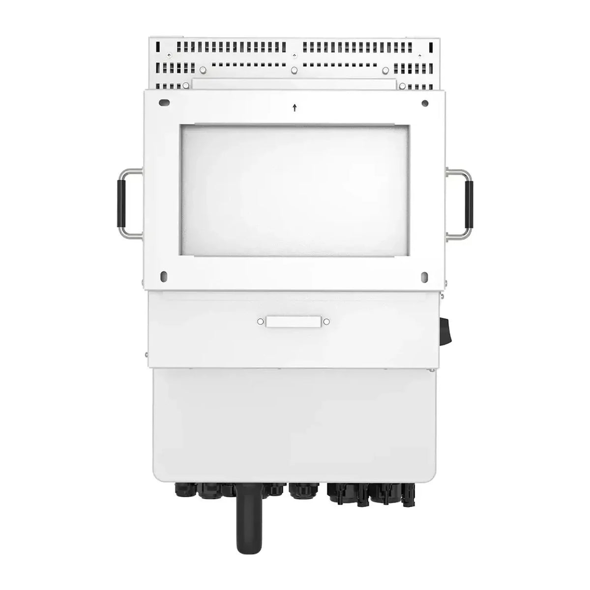 Top-down view of white hybrid solar inverter with metal handles, central display screen, ventilation grilles, and black conne