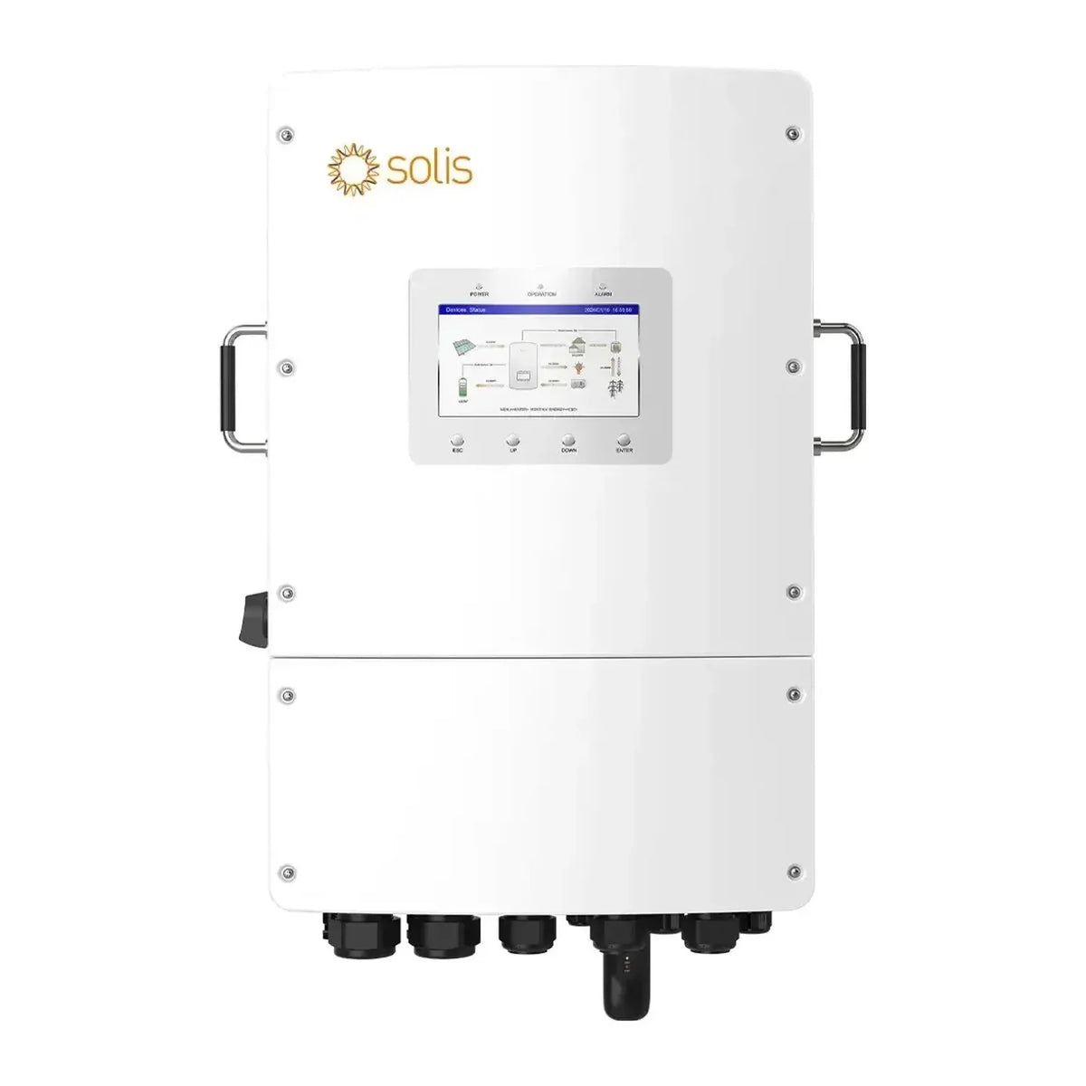 Solis white hybrid solar inverter with touchscreen display, dual handles, and multiple black connectors at base, front view.