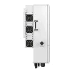 White wall-mounted solar inverter with three cooling fans visible on left side, DC switch control, and cable connectors at bo
