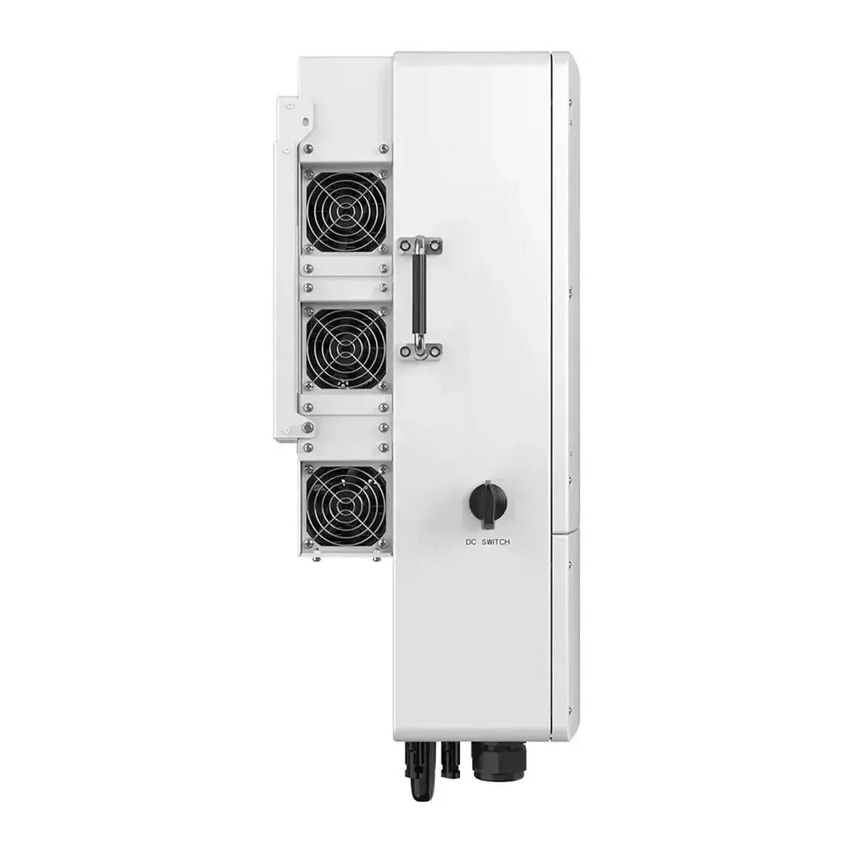White wall-mounted solar inverter with three cooling fans visible on left side, DC switch control, and cable connectors at bo