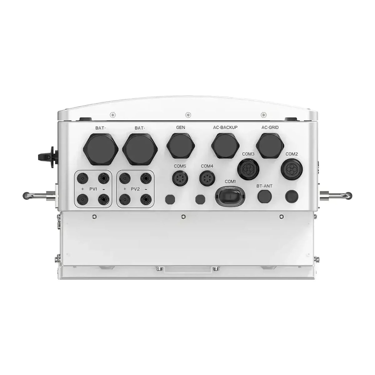 Solis 15kW three-phase hybrid solar inverter front panel showing battery, generator, and AC grid connection ports with dual P