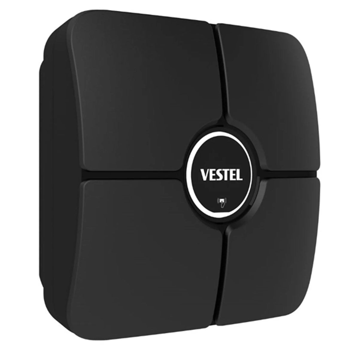 Black Vestel AC Quatro wall-mounted EV charger with circular control panel and white logo, product shot on white background.