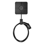 Vestel AC Quatro 7.4kW home EV charger with black square wall mount unit and 5-meter black tethered Type 2 charging cable coi