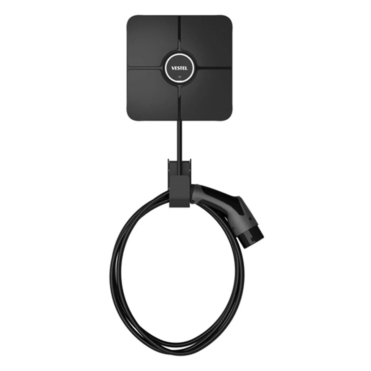 Vestel AC Quatro 7.4kW home EV charger with black square wall mount unit and 5-meter black tethered Type 2 charging cable coi