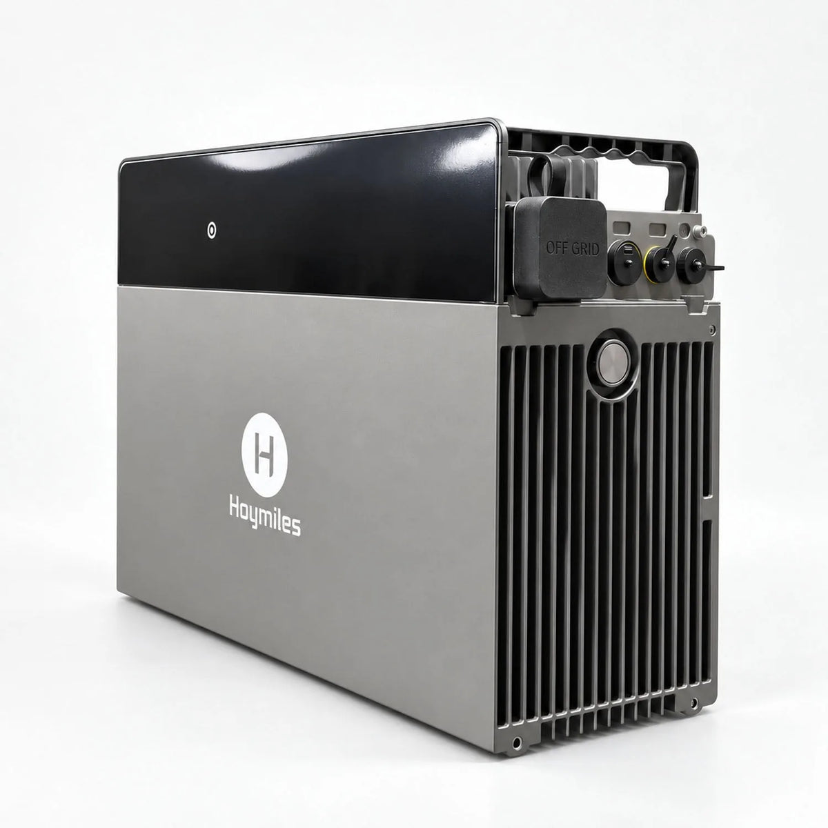 Hoymiles HiBattery 4020 X lithium battery storage unit with microinverter, showing gray casing with black top panel and verti