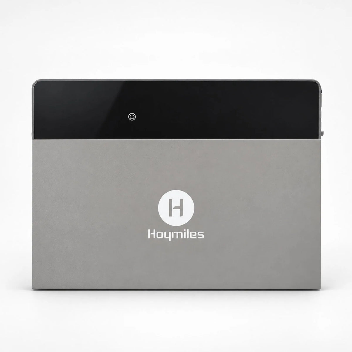 Hoymiles HiBattery 4020 X battery storage unit, gray and black rectangular device with white logo and power button.