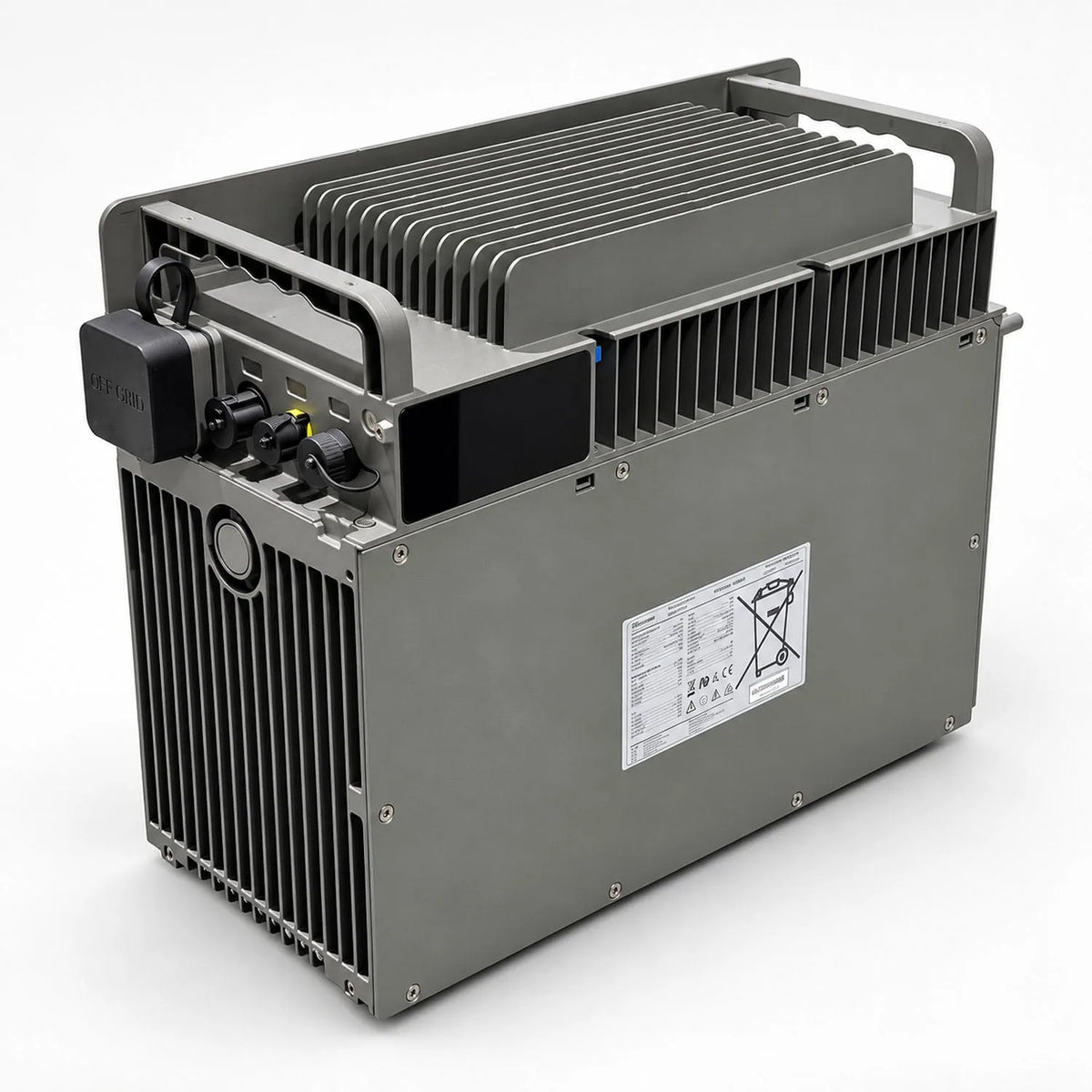 Hoymiles HiBattery 4020 X lithium battery storage unit with integrated microinverter, showing finned heatsinks and control pa