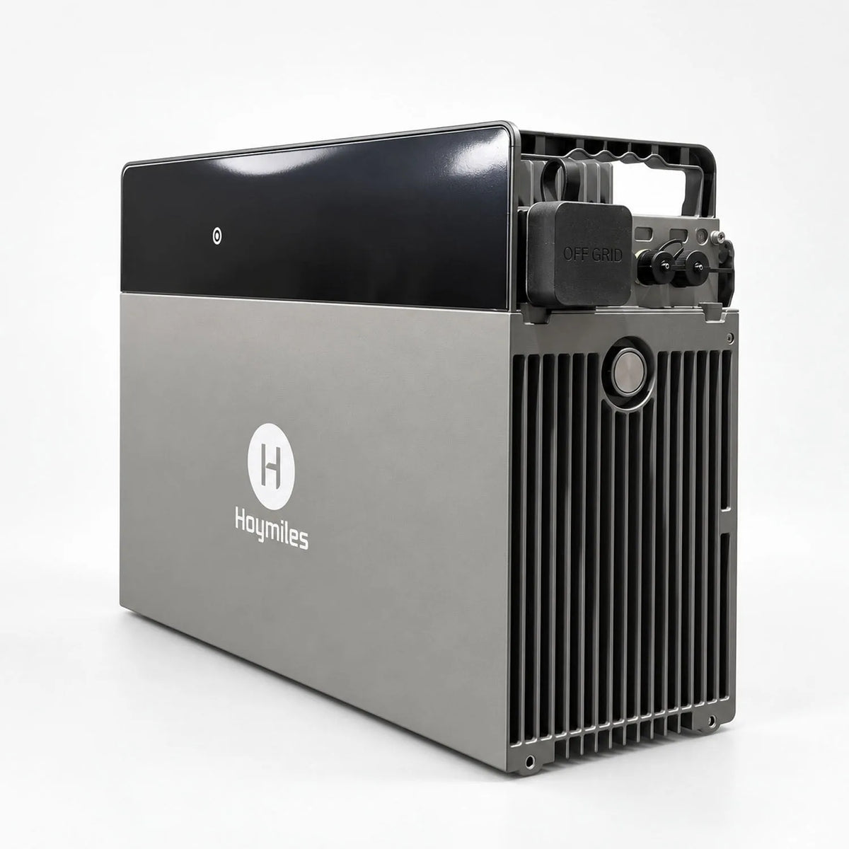 Hoymiles HiBattery 4020 X lithium battery storage unit with gray casing, black top panel, and integrated microinverter with c
