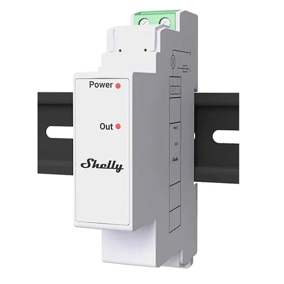 Shelly Pro 3EM relay module mounted on DIN rail with white control panel showing Power and Out indicator lights.