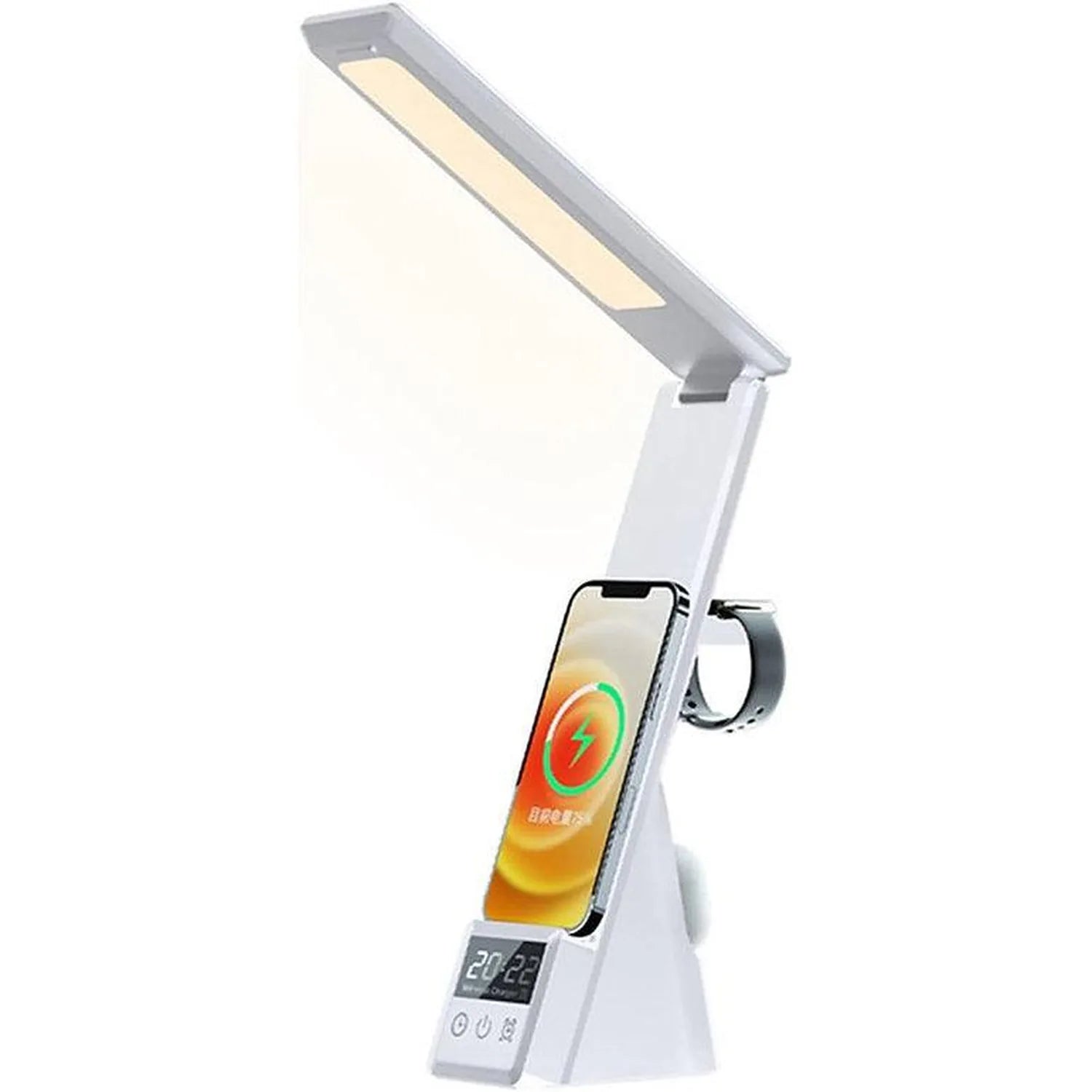 White LED desk lamp with integrated wireless phone charger, digital clock display, and control buttons on base.