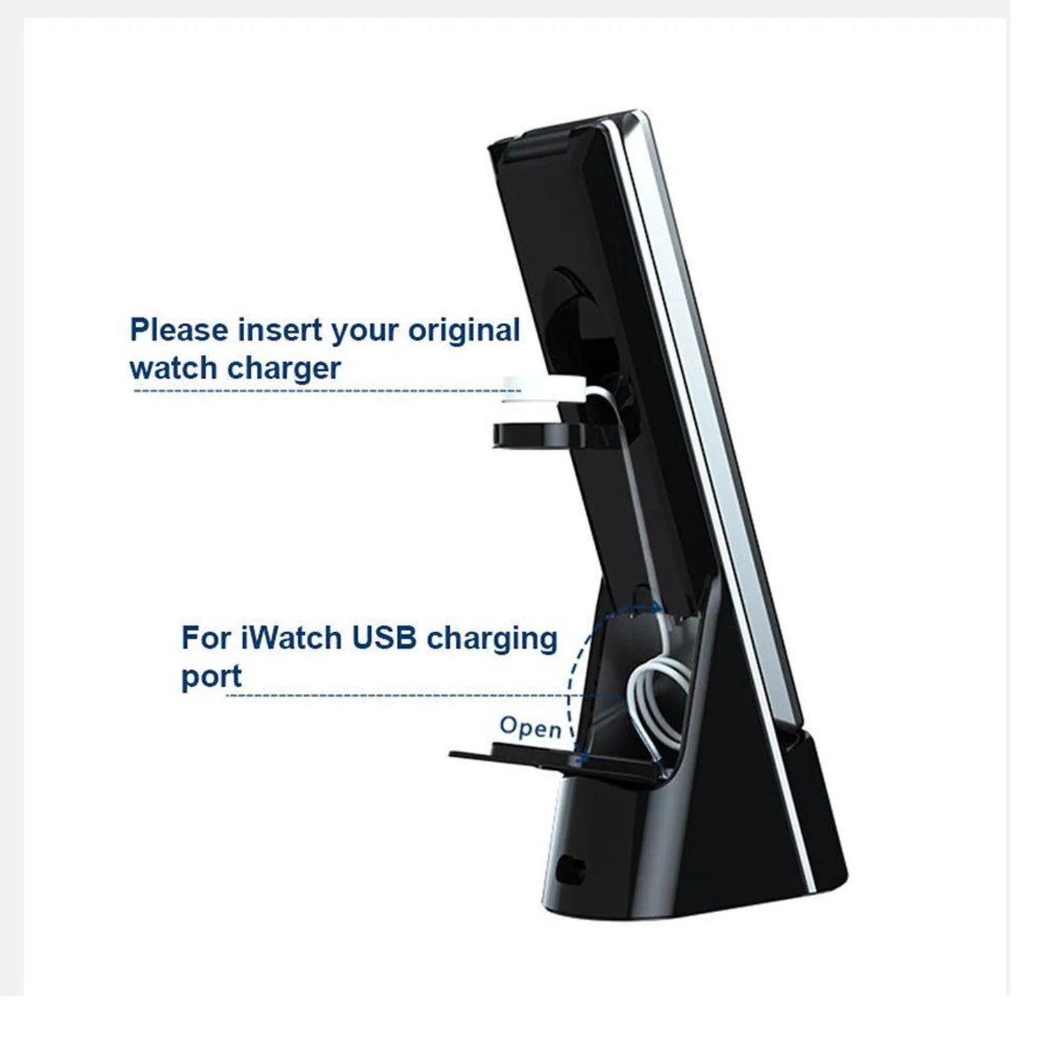 Black iWatch charging dock stand with labeled instructions showing original charger insertion point and USB charging port ope