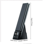 Black LED desk lamp with wireless charger and digital display showing dimensions: 60mm width, 106mm length, 277mm height.
