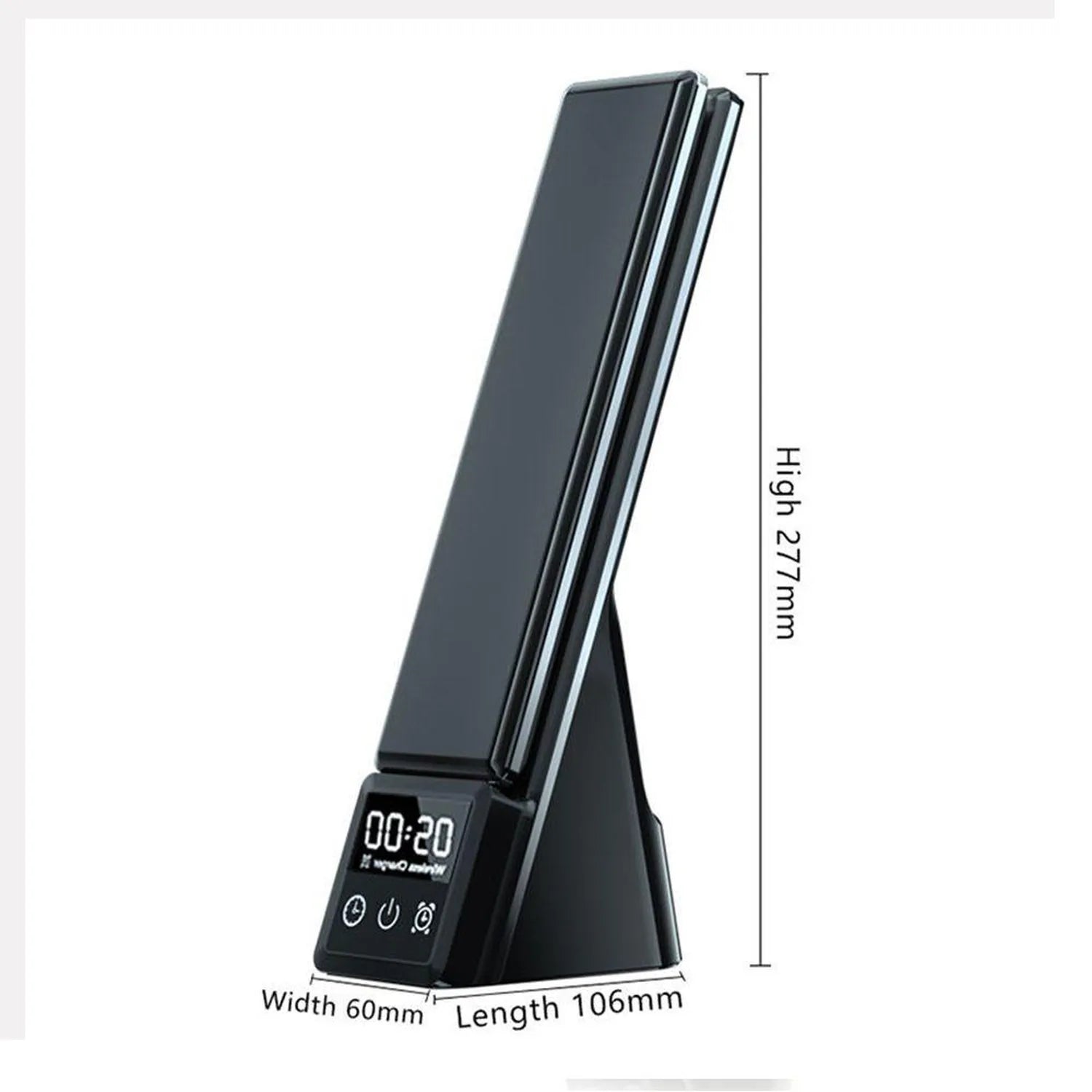 Black LED desk lamp with wireless charger and digital display showing dimensions: 60mm width, 106mm length, 277mm height.