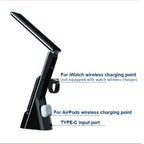 Black LED desk lamp with integrated wireless charging points for iWatch and AirPods, plus USB-C port, shown with labeled diag