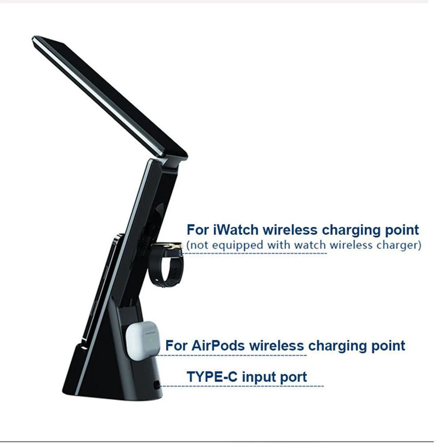 Black LED desk lamp with integrated wireless charging points for iWatch and AirPods, plus USB-C port, shown with labeled diag