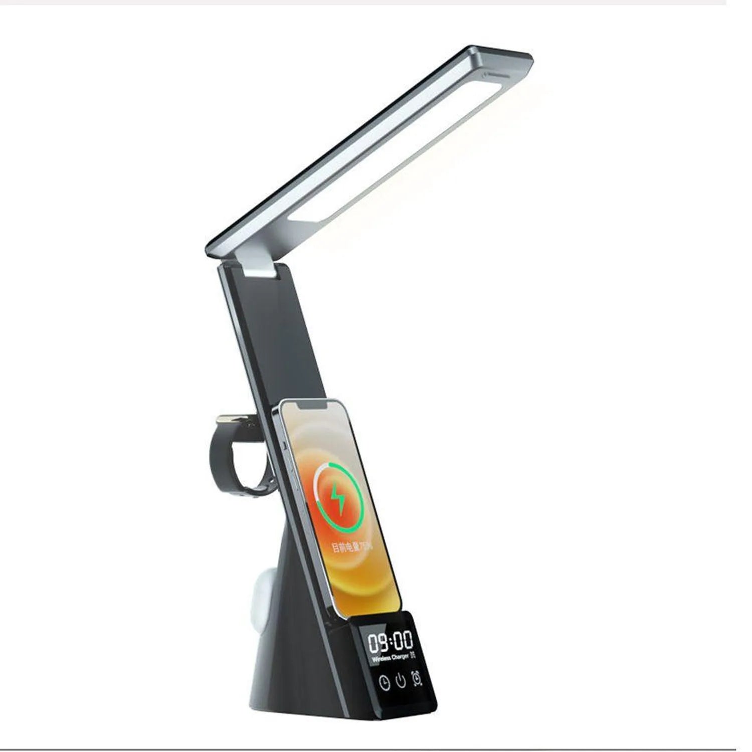 Black LED desk lamp with adjustable arm, integrated wireless phone charger, and digital clock display showing 09:00.