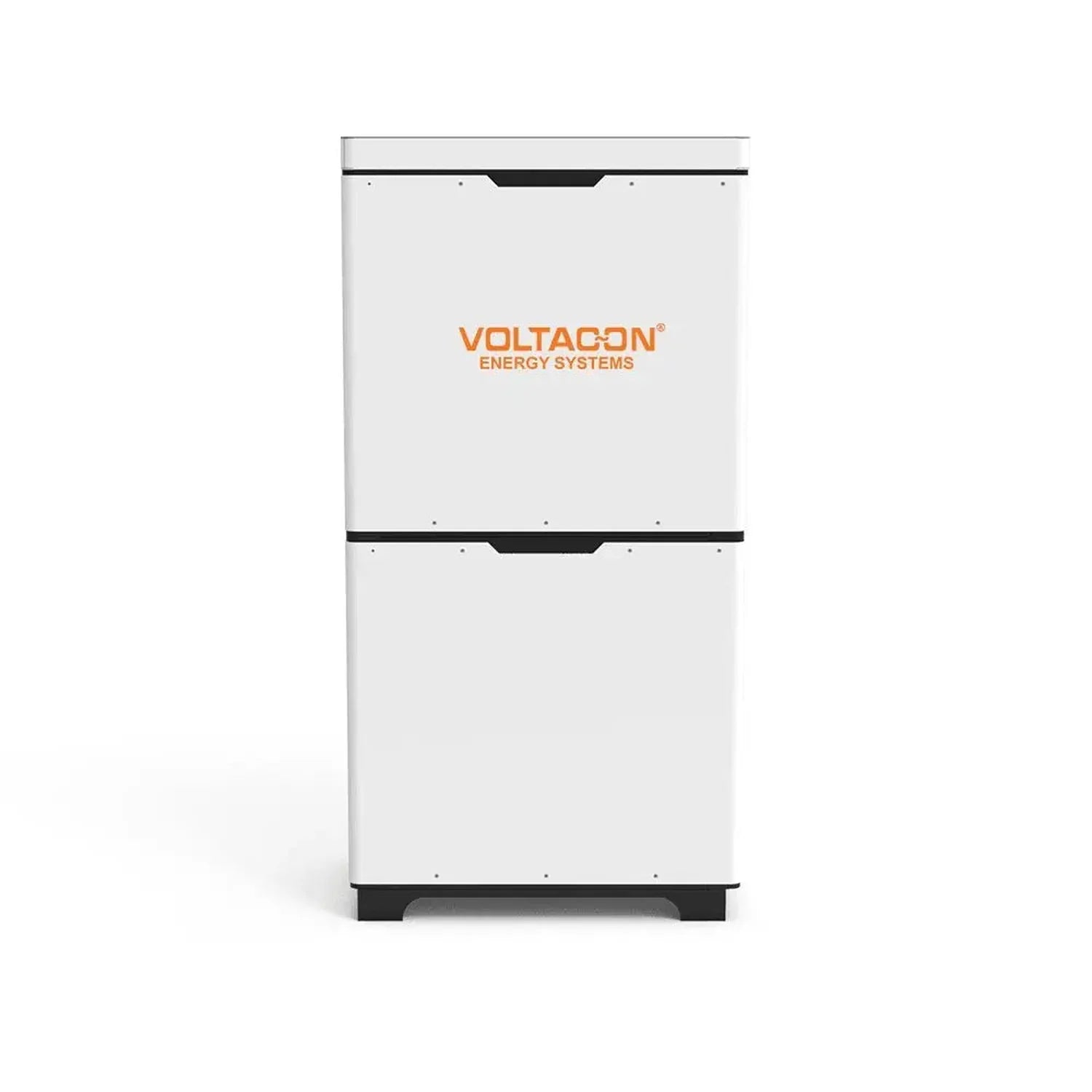 Voltacon Energy Systems white battery storage cabinet with black trim and handles, designed for indoor use with stacked batte