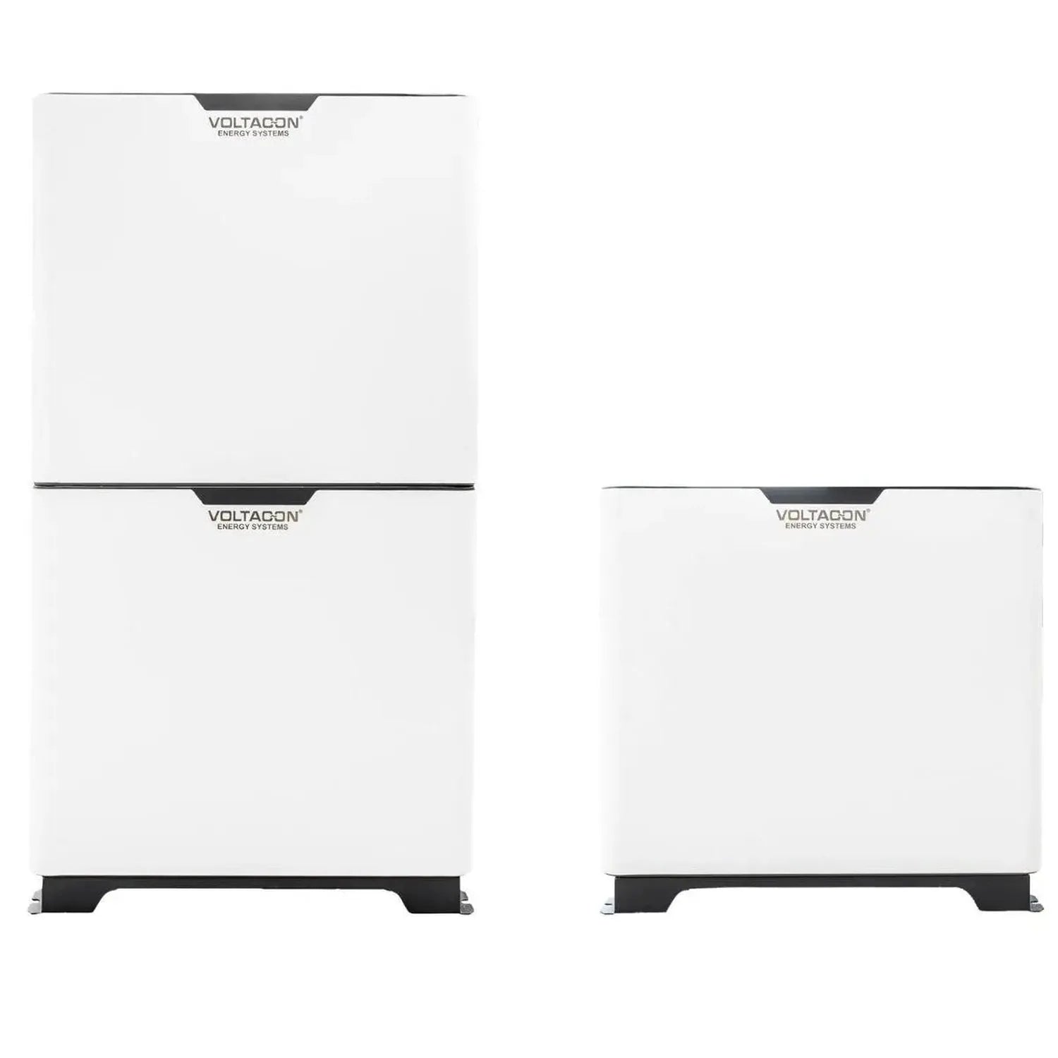 Three white Voltacon energy storage cabinets shown front view, displaying stacked battery unit configurations.