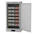 Open-door view of gray metallic outdoor battery cabinet with six stacked lithium battery units, orange and red connector cabl