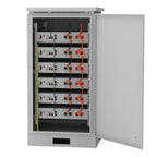 Open-door view of gray metallic outdoor battery cabinet with six stacked lithium battery units, orange and red connector cabl