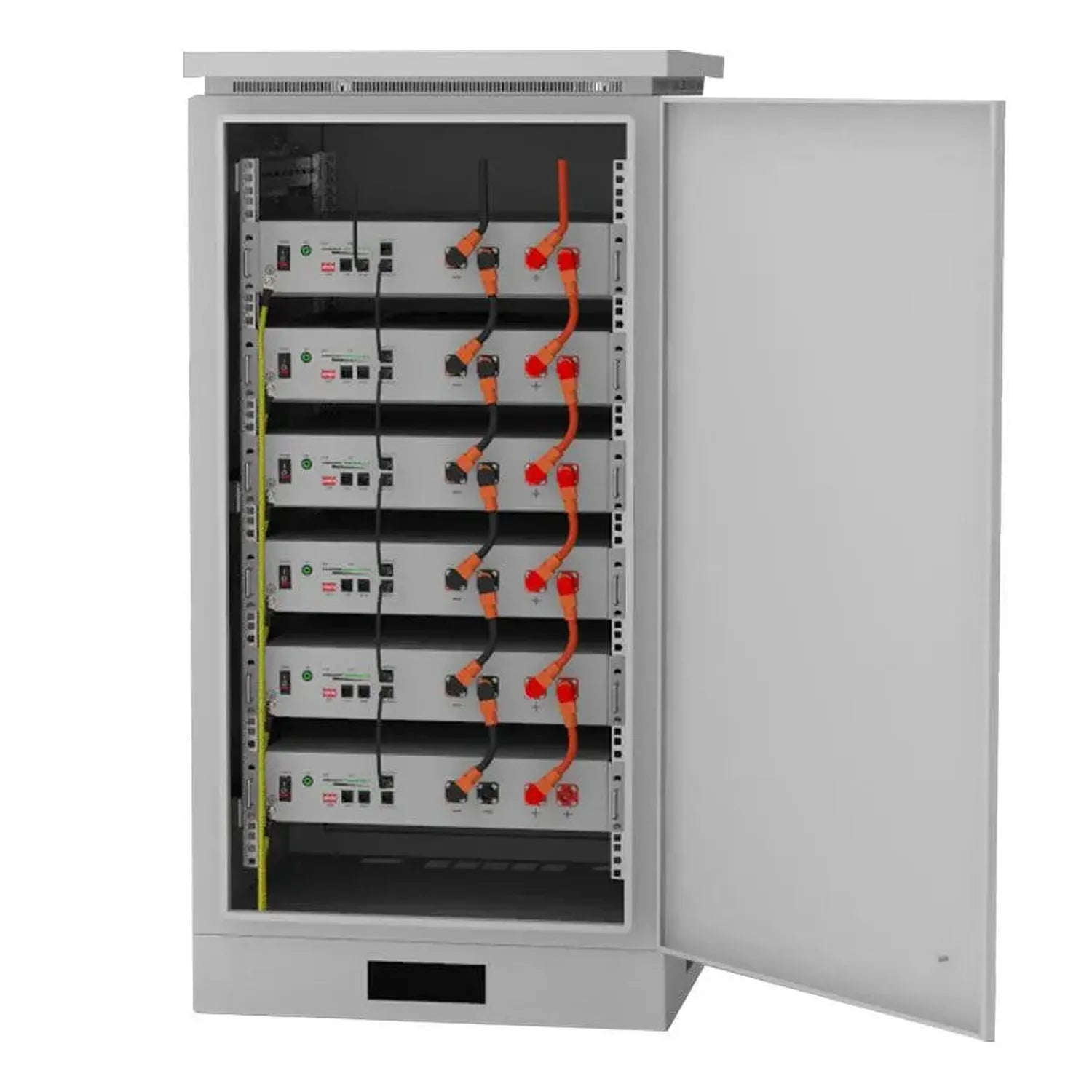 Open-door view of gray metallic outdoor battery cabinet with six stacked lithium battery units, orange and red connector cabl