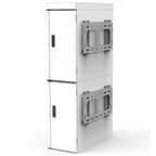 Stacked dual outdoor battery cabinet with white metal doors and integrated mounting brackets for lithium batteries.