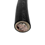 Cross-section of black battery cable showing copper strands and insulation layers inside cylindrical sheath.
