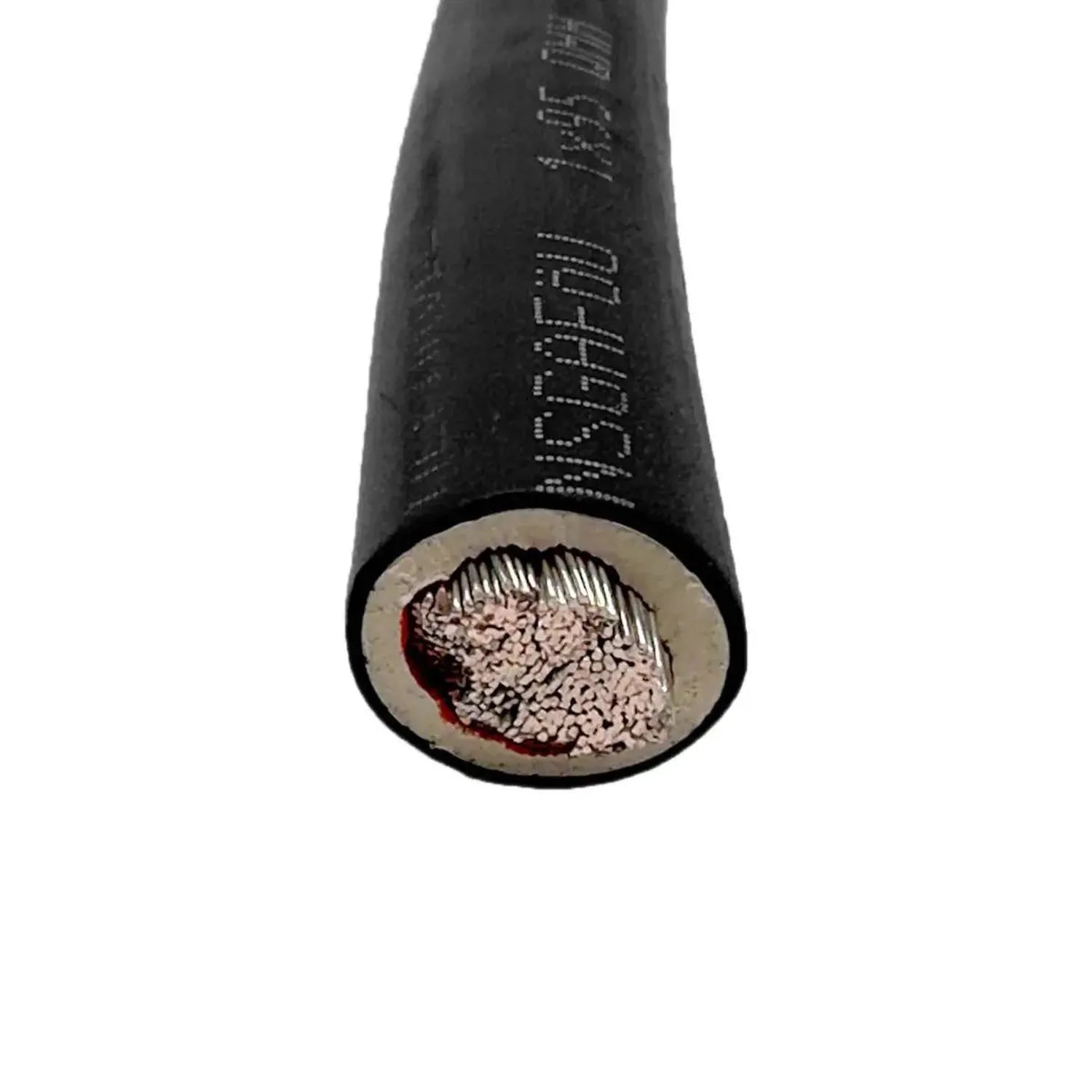 Cross-section of black battery cable showing copper strands and insulation layers inside cylindrical sheath.