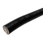 Black battery cable with copper conductor core visible at end, printed specifications on jacket, product shot on white backgr